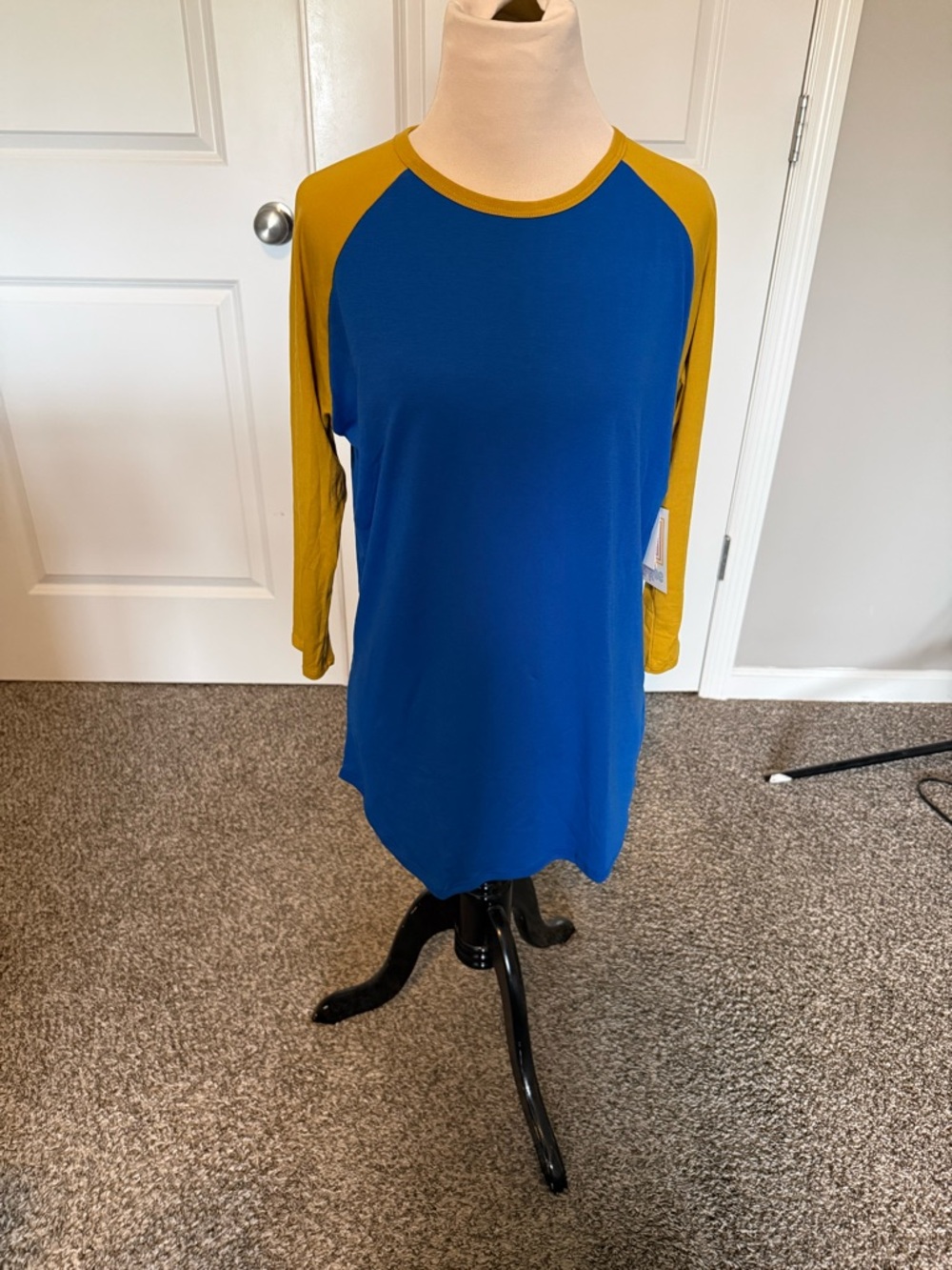 LuLaRoe Blue Dress with Mustard Raglan Sleeves